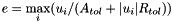 \[ e = \max_i ( u_i / ( A_{tol} + |u_i| R_{tol})) \]