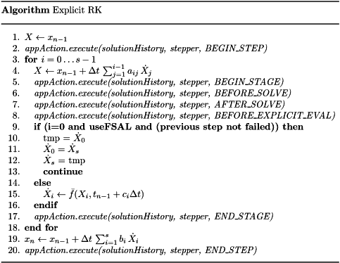 \begin{center} \parbox{5in}{ \rule{5in}{0.4pt} \\ {\bf Algorithm} Explicit RK \\ \rule{5in}{0.4pt} \vspace{-15pt} \begin{enumerate} \setlength{\itemsep}{0pt} \setlength{\parskip}{0pt} \setlength{\parsep}{0pt} \item $X \leftarrow x_{n-1}$ \item {\it appAction.execute(solutionHistory, stepper, BEGIN\_STEP)} \item {\bf for {$i = 0 \ldots s-1$}} \item \quad $X \leftarrow x_{n-1} + \Delta t\,\sum_{j=1}^{i-1} a_{ij}\,\dot{X}_j$ \item \quad {\it appAction.execute(solutionHistory, stepper, BEGIN\_STAGE)} \item \quad {\it appAction.execute(solutionHistory, stepper, BEFORE\_SOLVE)} \item \quad {\it appAction.execute(solutionHistory, stepper, AFTER\_SOLVE)} \item \quad {\it appAction.execute(solutionHistory, stepper, BEFORE\_EXPLICIT\_EVAL)} \item \quad {\bf if (i=0 and useFSAL and (previous step not failed)) then} \item \qquad tmp = $\dot{X}_0$ \item \qquad $\dot{X}_0 = \dot{X}_s$ \item \qquad $\dot{X}_s$ = tmp \item \qquad {\bf continue} \item \quad {\bf else} \item \qquad $\dot{X}_i \leftarrow \bar{f}(X_i,t_{n-1}+c_i\Delta t)$ \item \quad {\bf endif} \item \quad {\it appAction.execute(solutionHistory, stepper, END\_STAGE)} \item {\bf end for} \item $x_n \leftarrow x_{n-1} + \Delta t\,\sum_{i=1}^{s}b_i\,\dot{X}_i$ \item {\it appAction.execute(solutionHistory, stepper, END\_STEP)} \end{enumerate} \vspace{-10pt} \rule{5in}{0.4pt} } \end{center}