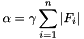 \[ \alpha = \gamma \sum_{i=1}^n | F_i | \]