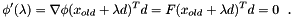 \[ \phi ' (\lambda) = \nabla\phi (x_{old}+ \lambda d)^T d = F(x_{old}+ \lambda d)^T d = 0~~. \]